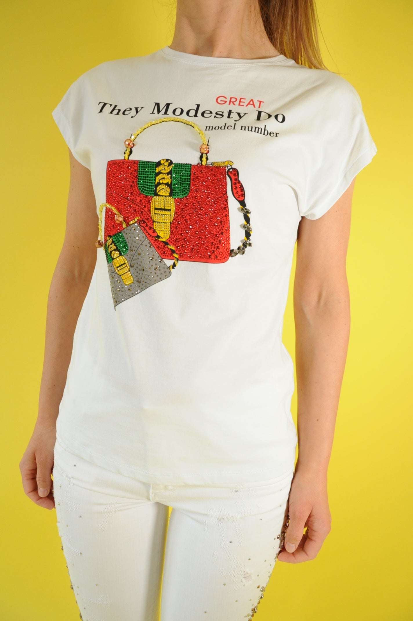 White bag print t-shirtembellished with gems