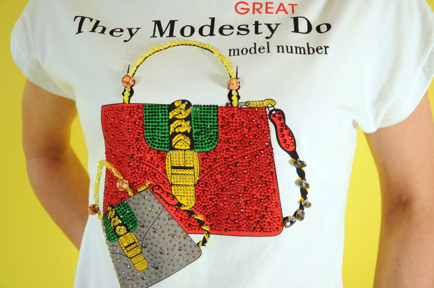 White bag print t-shirtembellished with gems