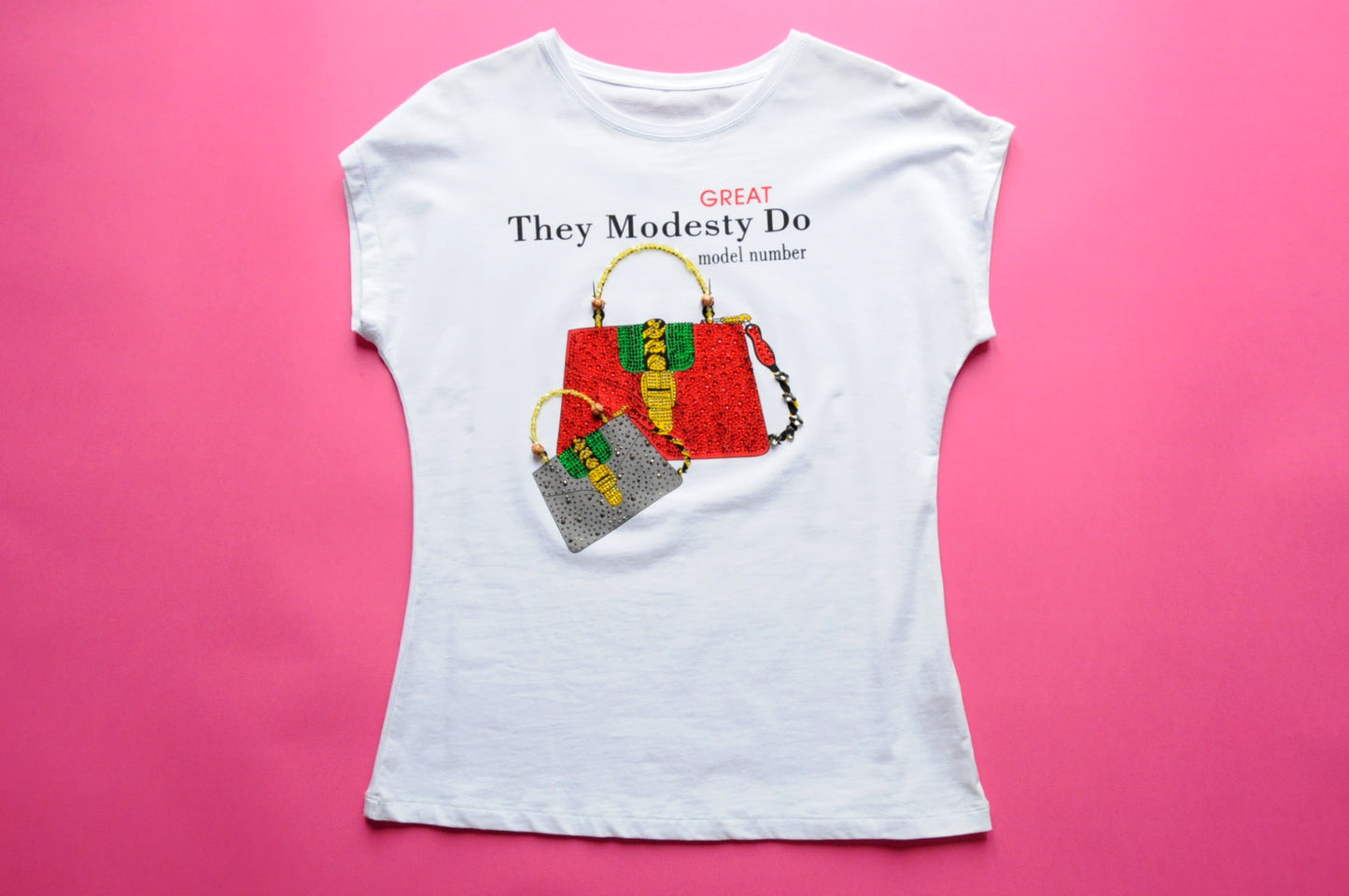 White bag print t-shirtembellished with gems