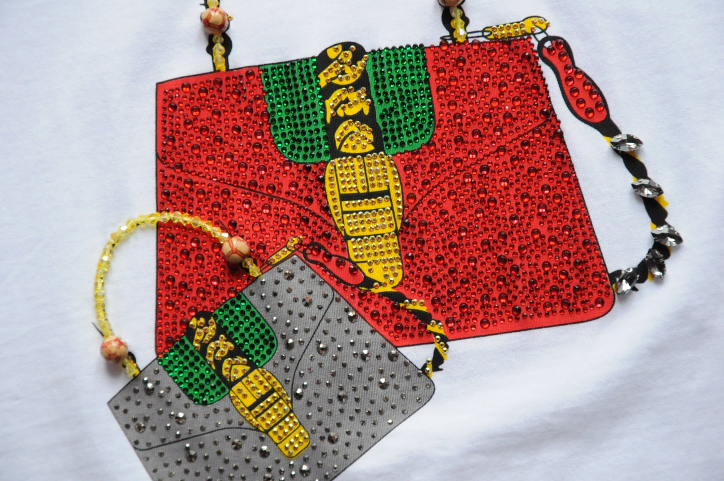 White bag print t-shirtembellished with gems