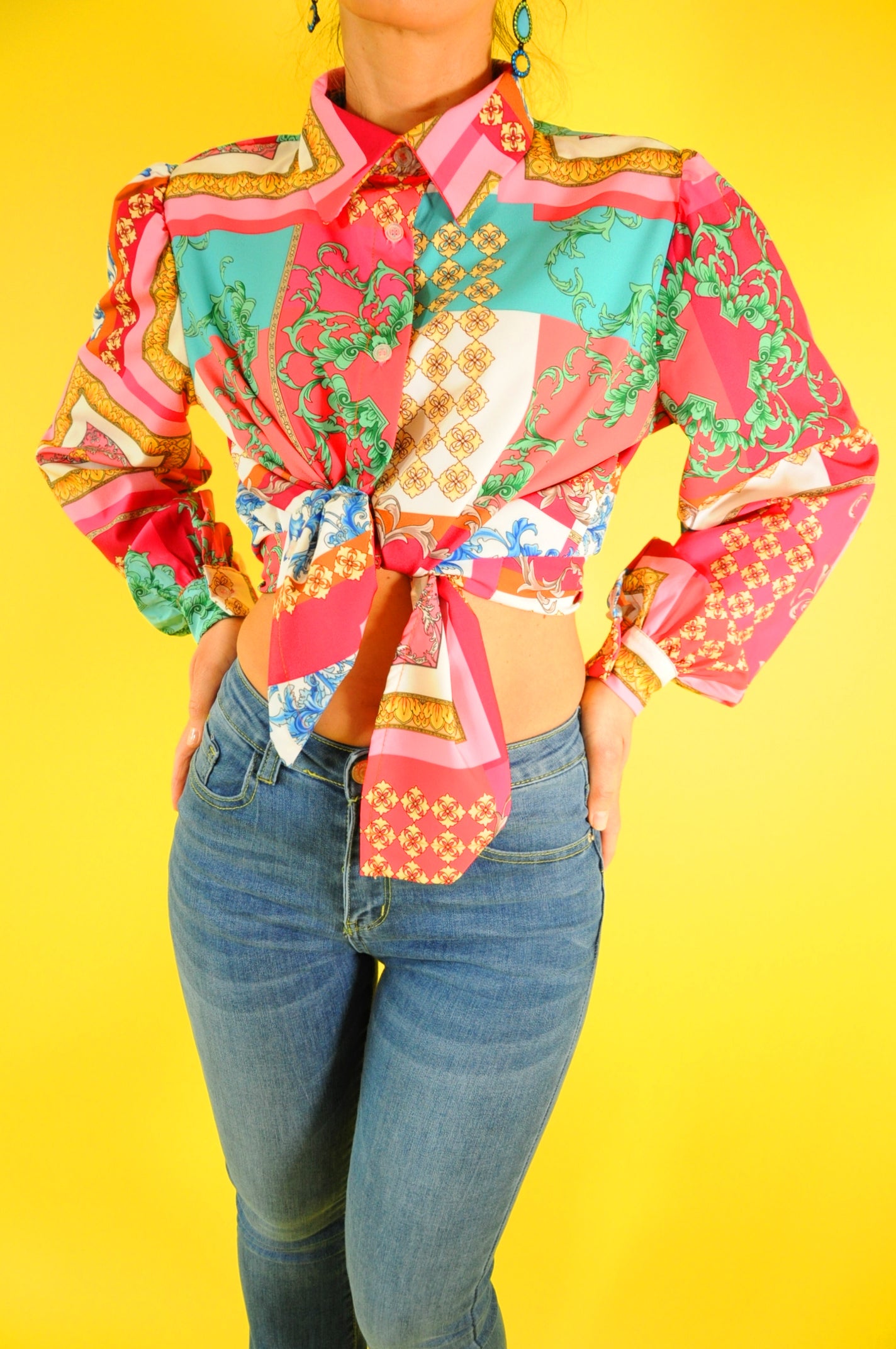Graphic-print barocco multi-panel red shirt