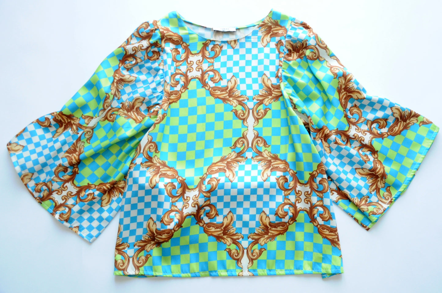 Blue & green barocco print satin batwing blouse