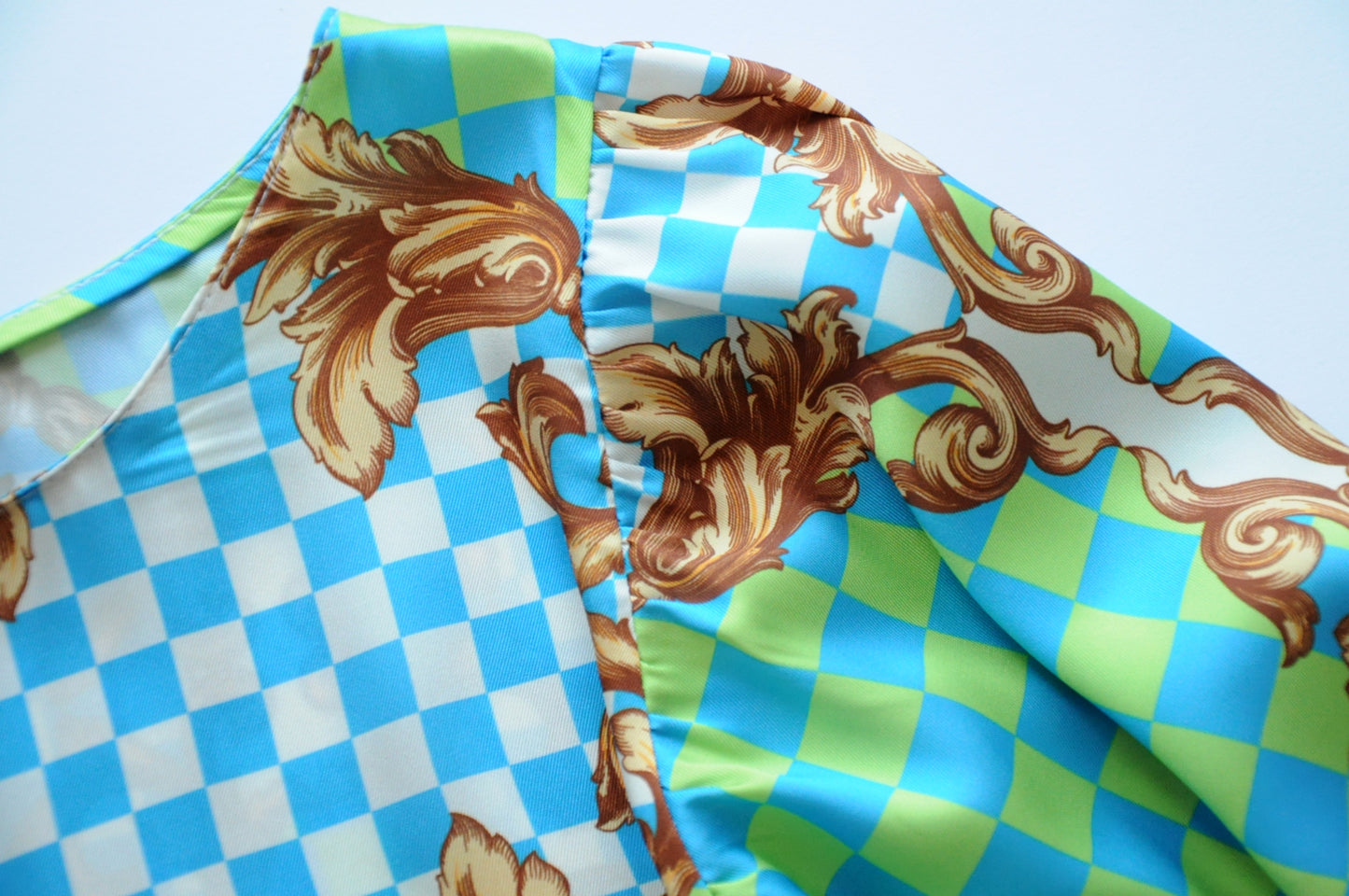 Blue & green barocco print satin batwing blouse