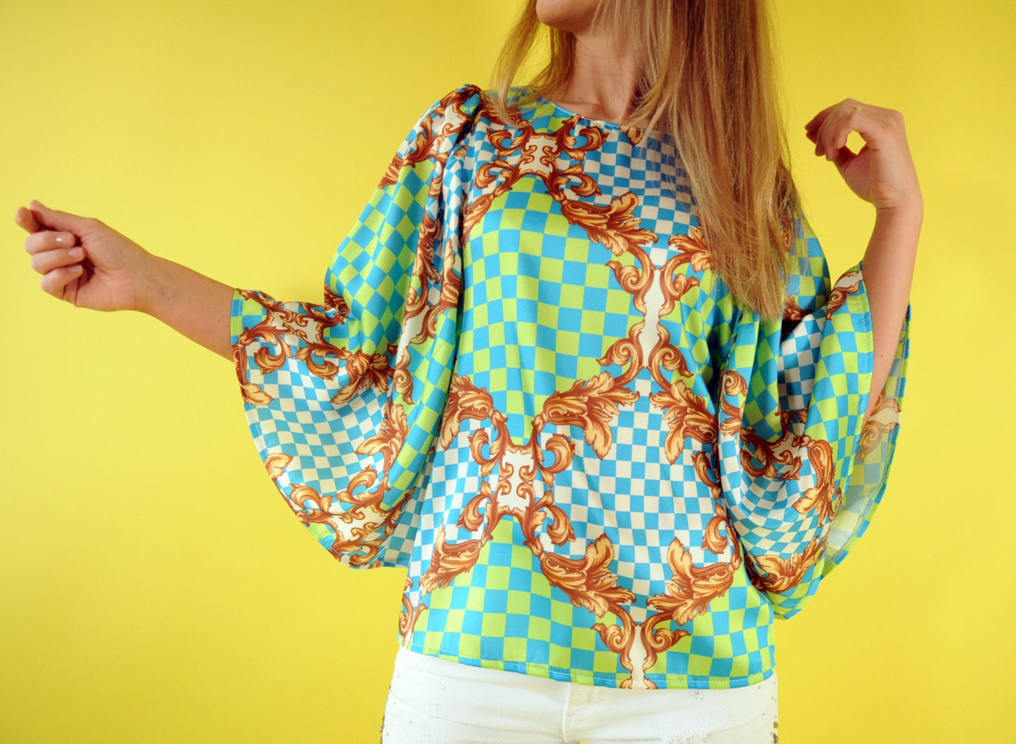 Blue & green barocco print satin batwing blouse