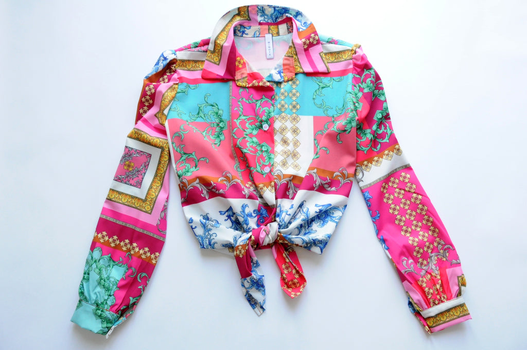 Graphic-print barocco multi-panel red shirt