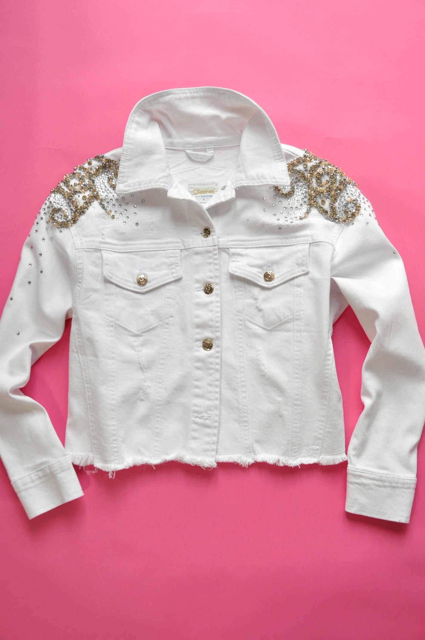 Crystal-embellished cropped white denim jacket