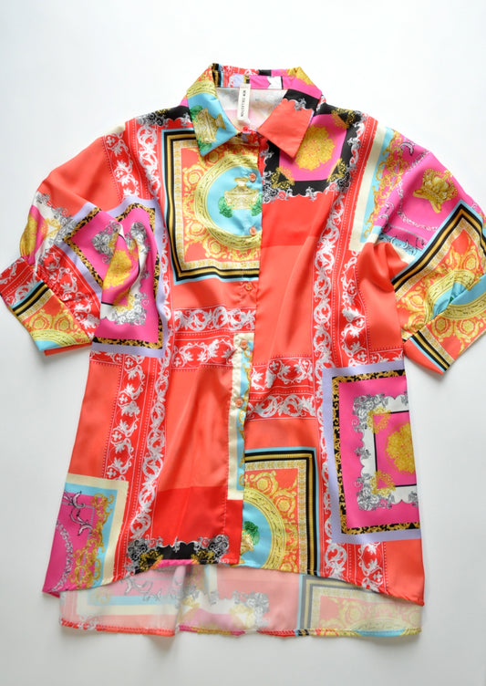 Barocco Graphic Print Satin Oversized Shirt Tunic