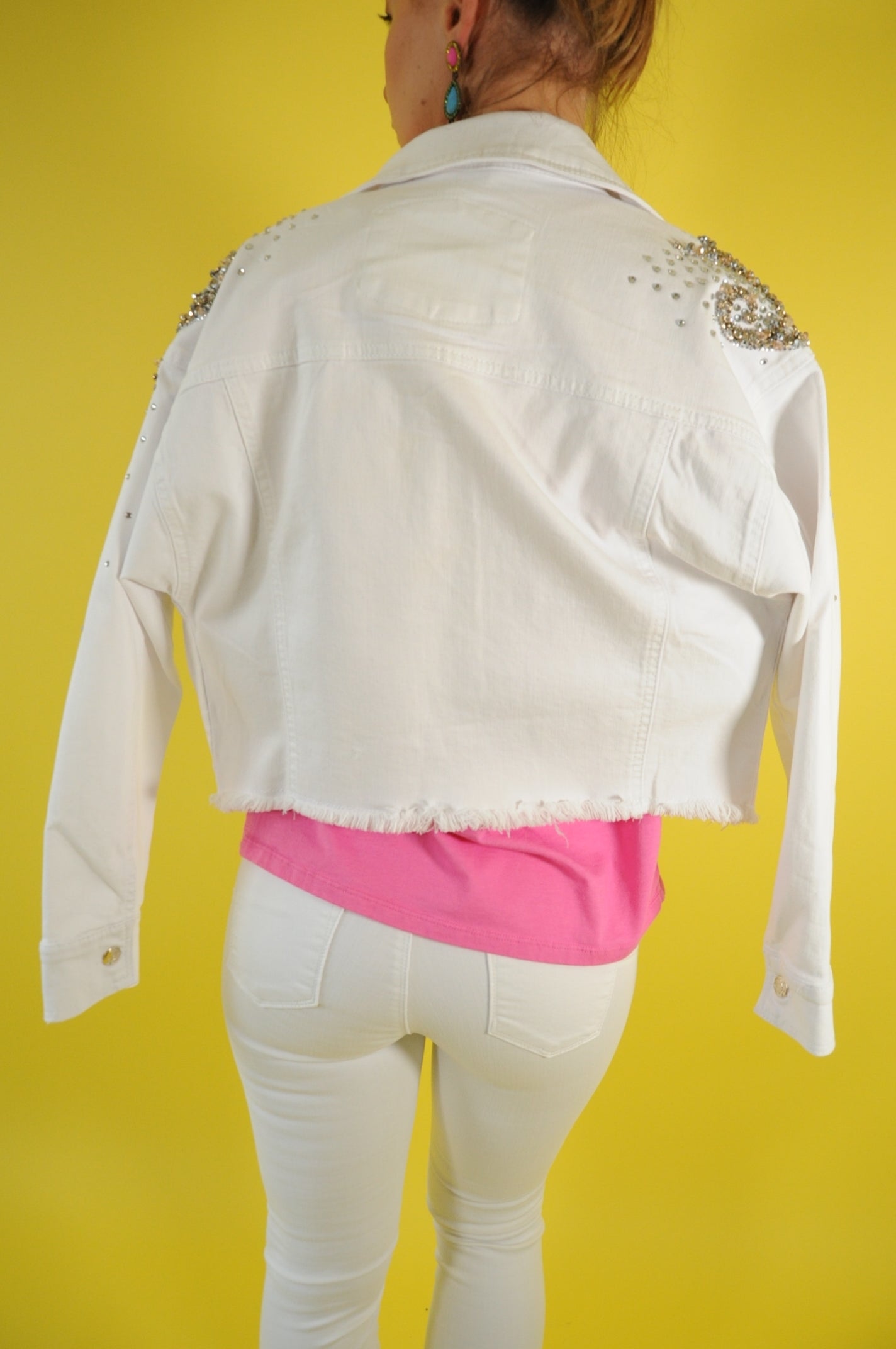 Crystal-embellished cropped white denim jacket