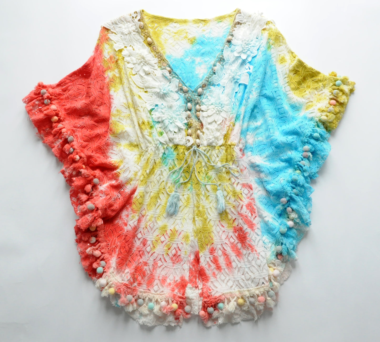 Multicolour guipure-lace flower kaftan
