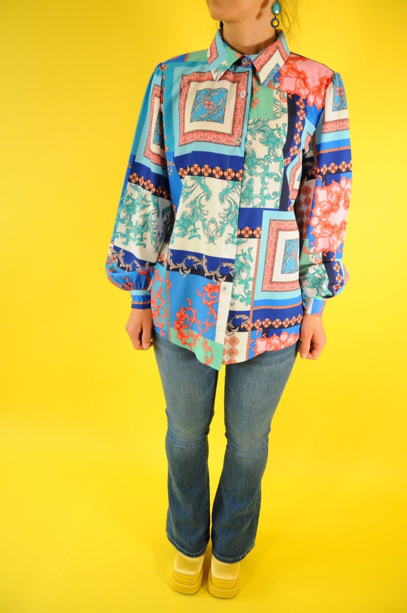 Graphic-print barocco multi-panel blue shirt