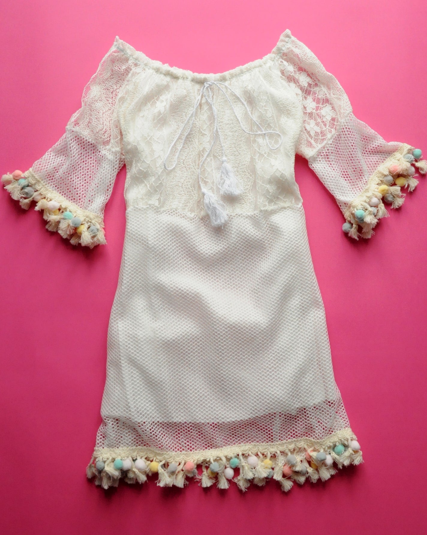 Ecru lace and mesh holiday tassel dress