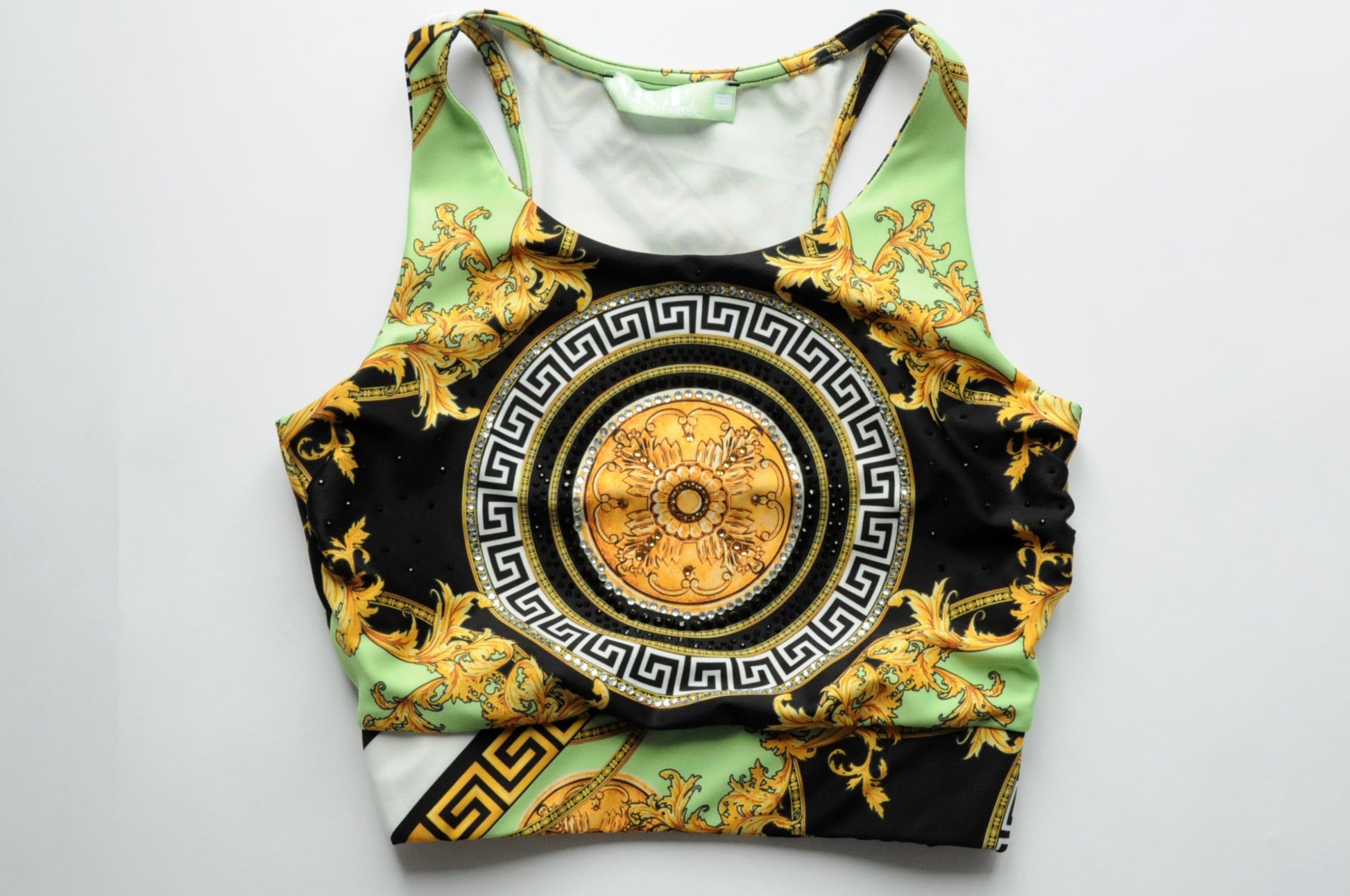 Crystal embellished barocco graphic-print bra top