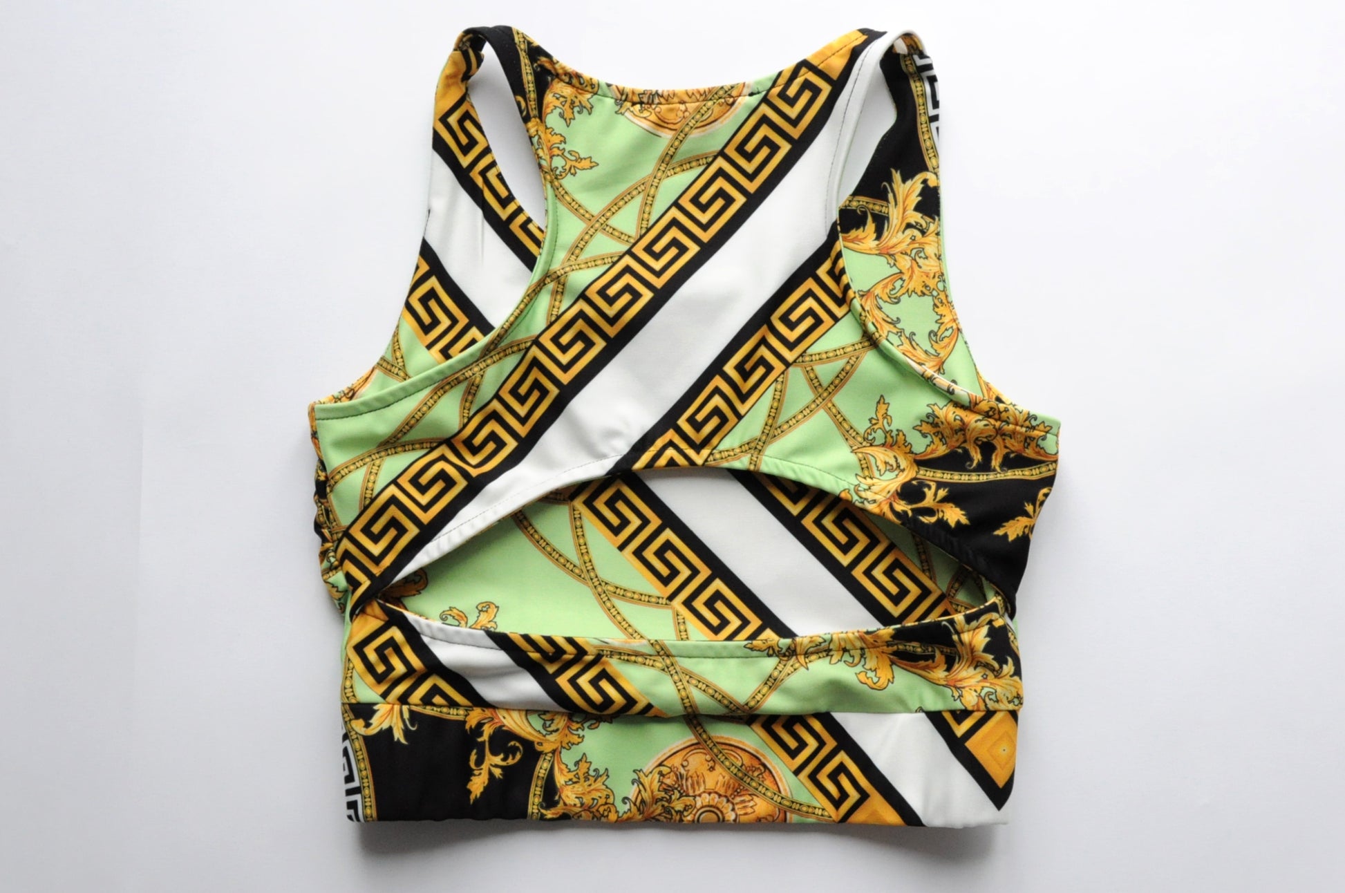 Crystal embellished barocco graphic-print bra top