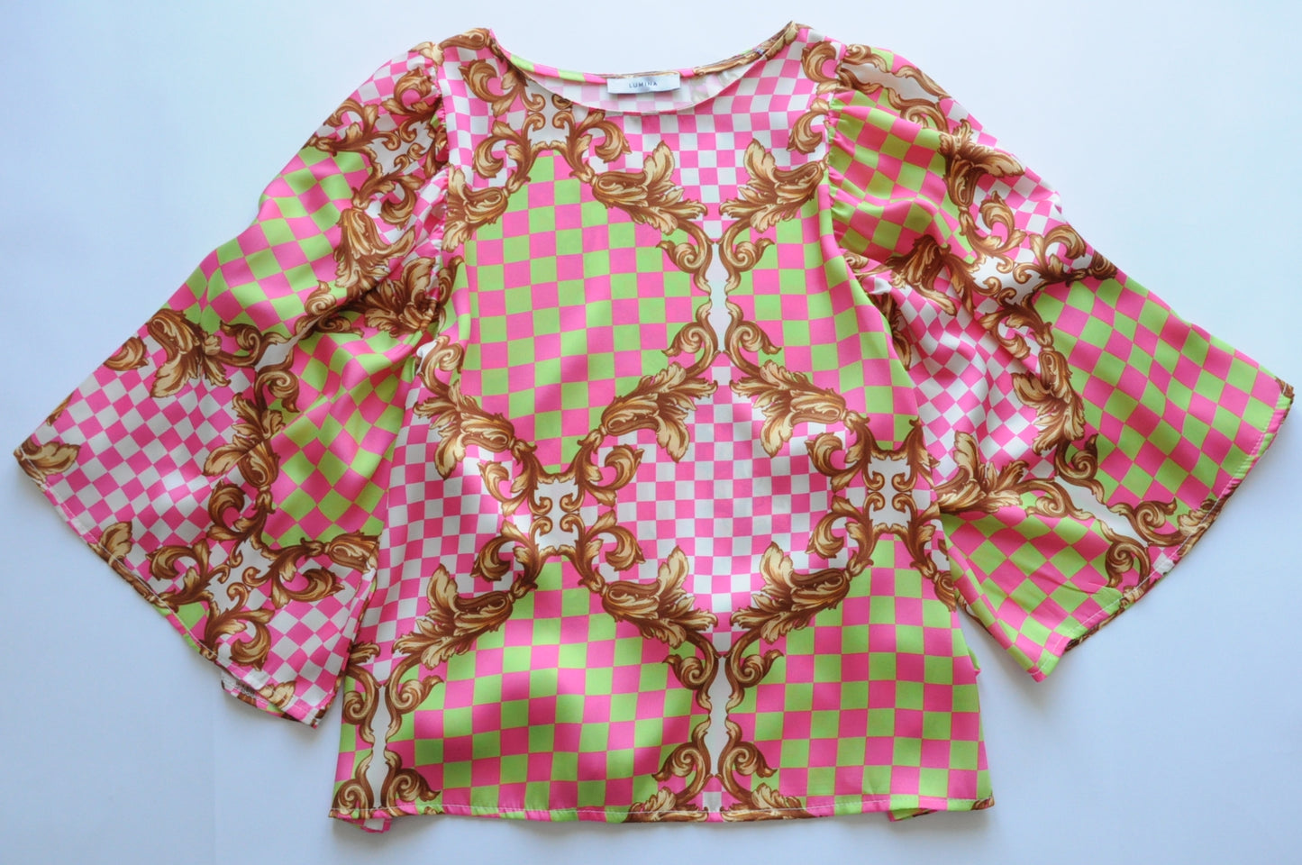 Pink & Green barocco print satin batwing blouse
