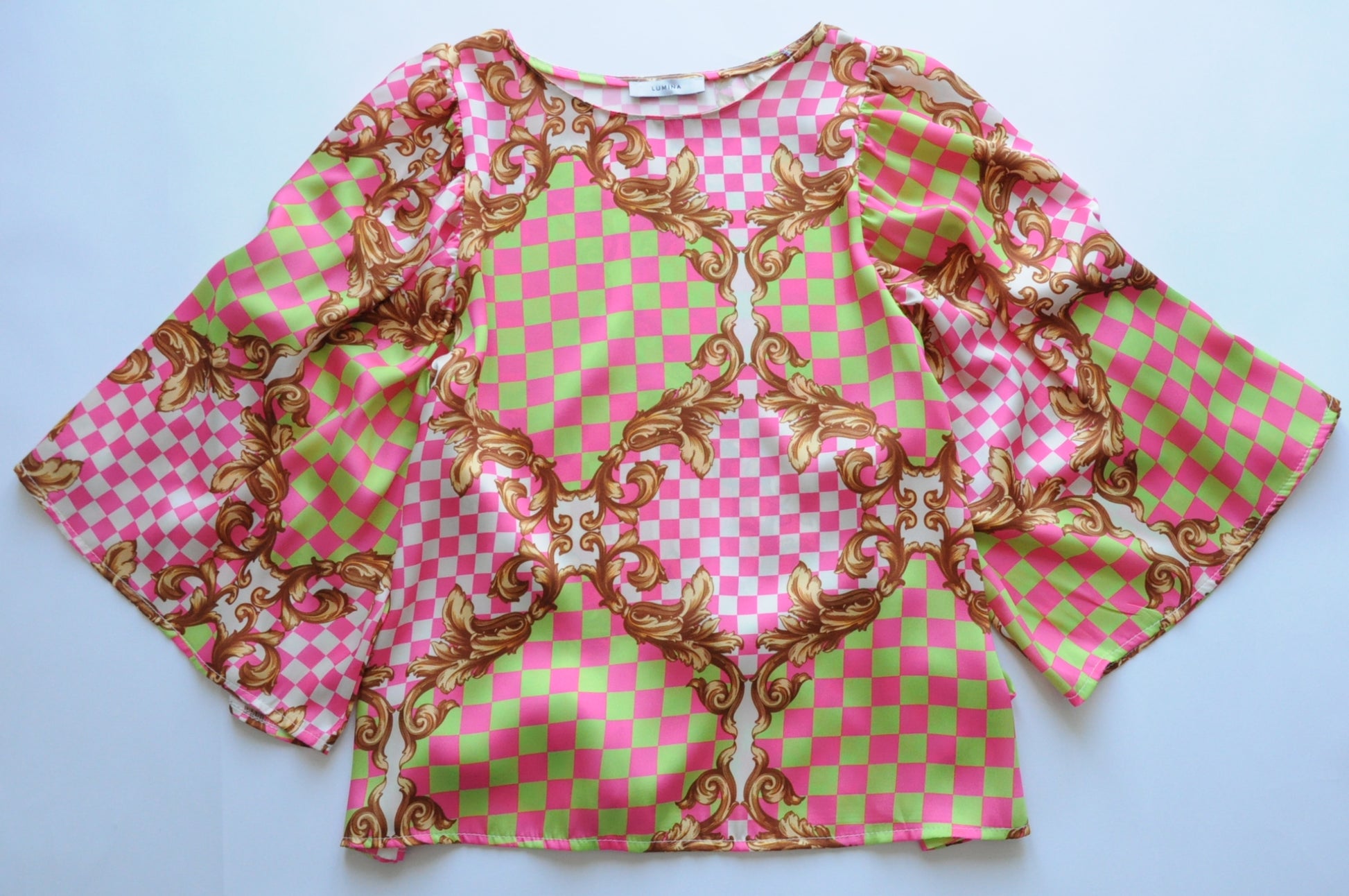 Pink & Green barocco print satin batwing blouse