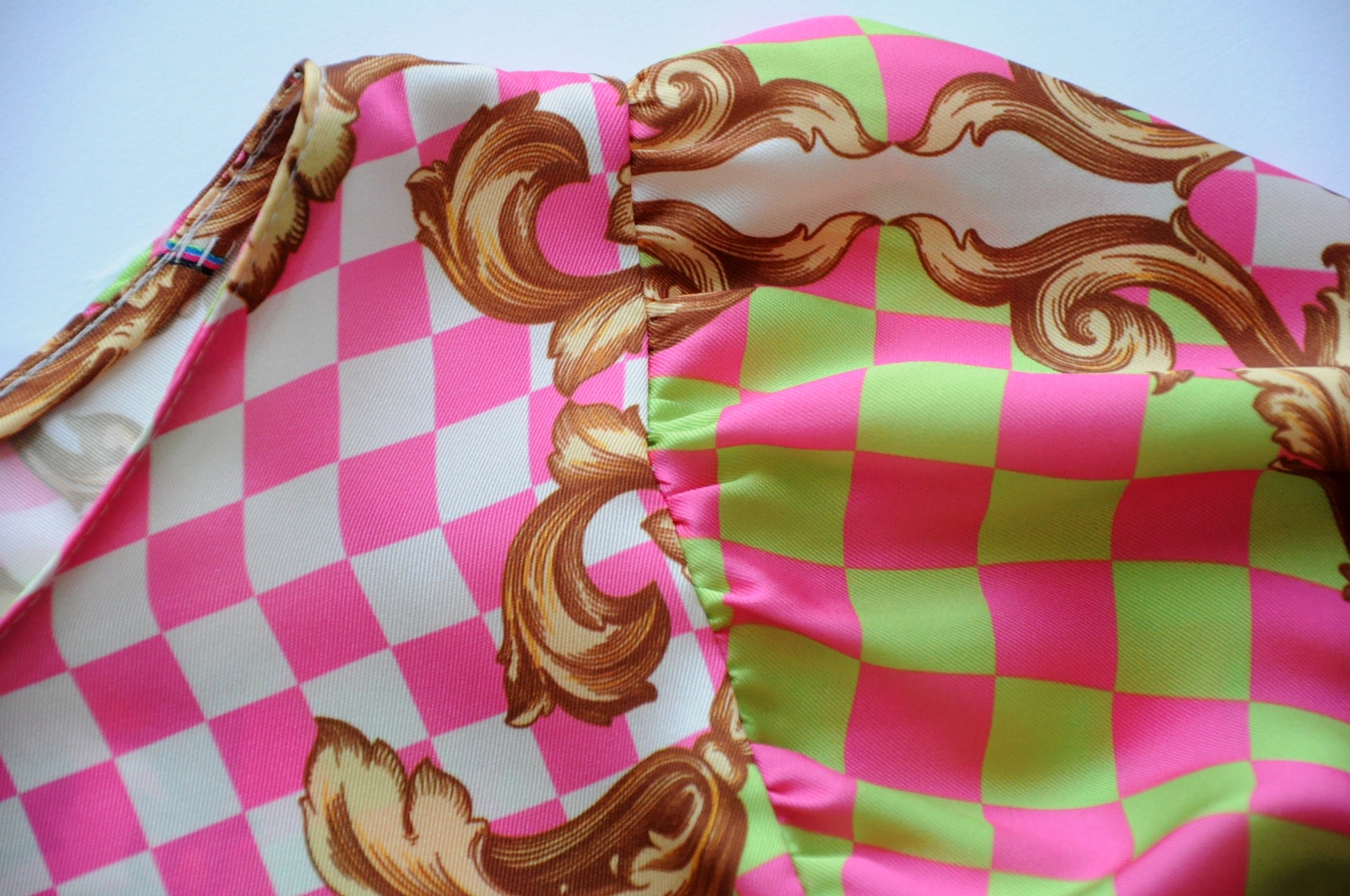 Pink & Green barocco print satin batwing blouse