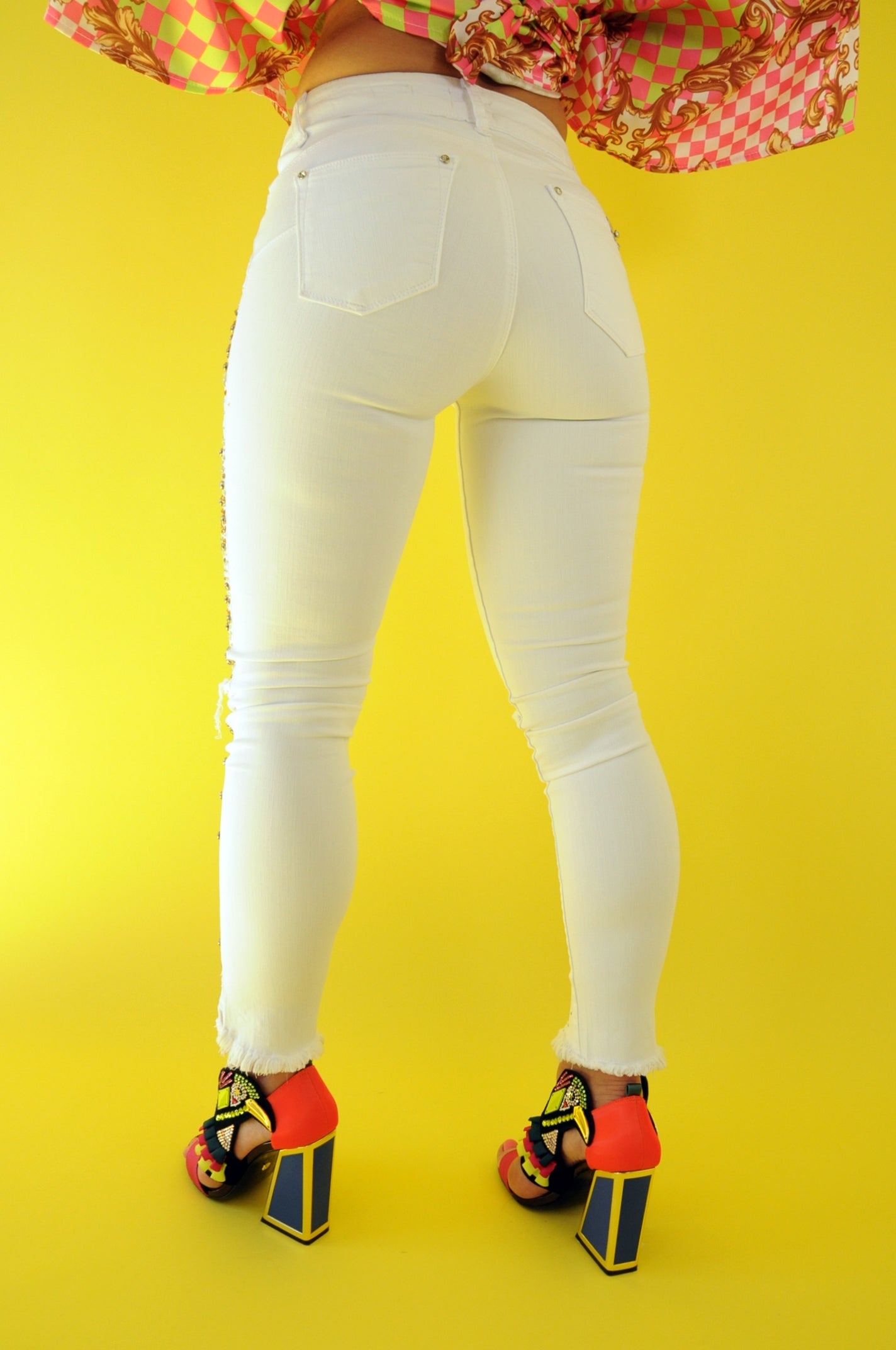 Crystal-embellished white mid-rise skinny jeans
