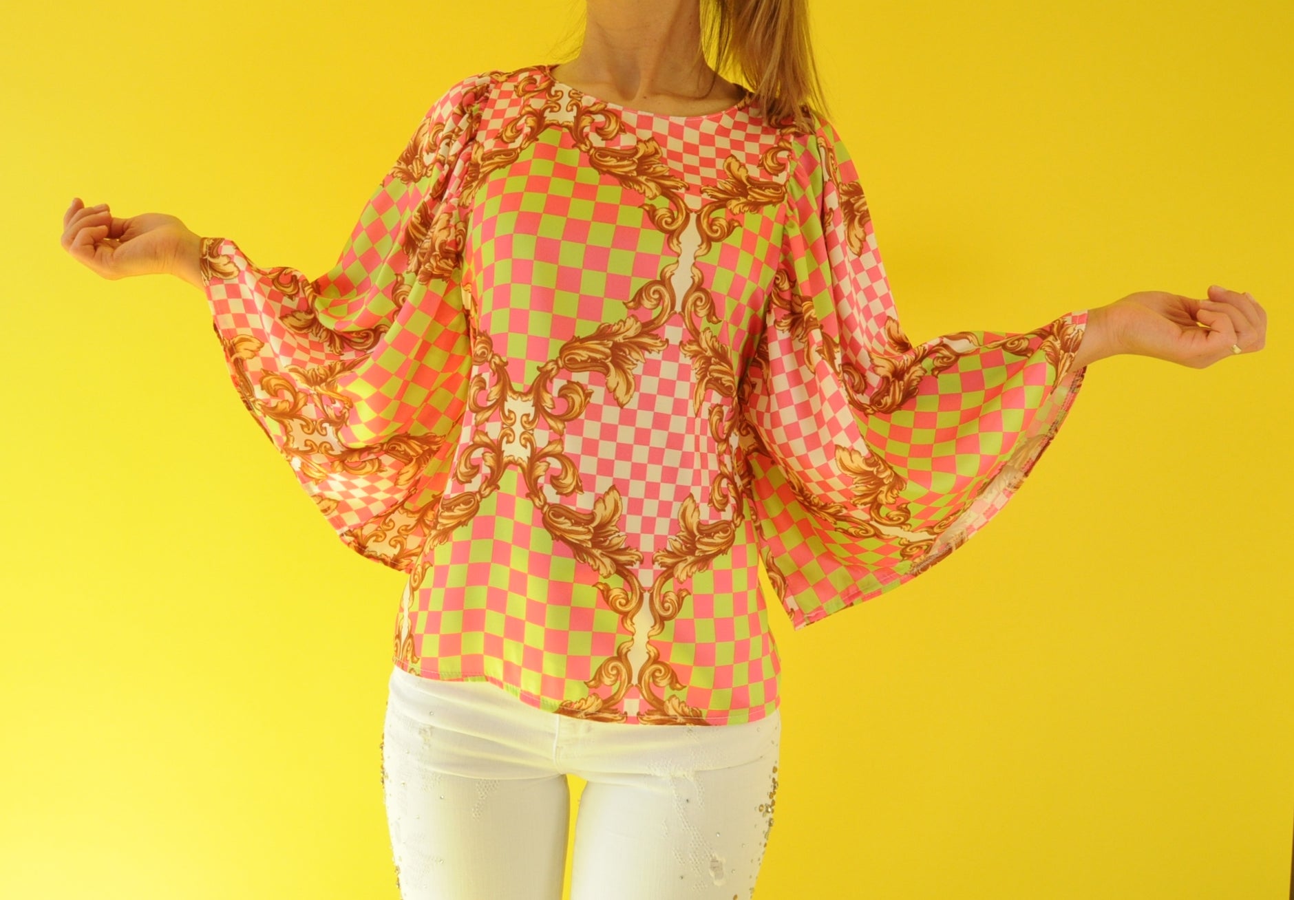 Pink & Green barocco print satin batwing blouse