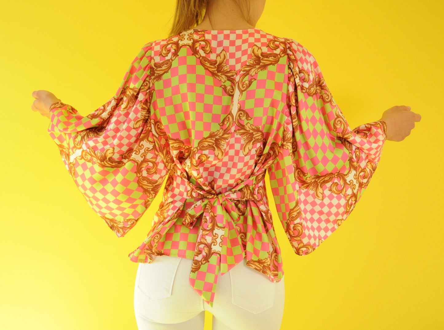 Pink & Green barocco print satin batwing blouse