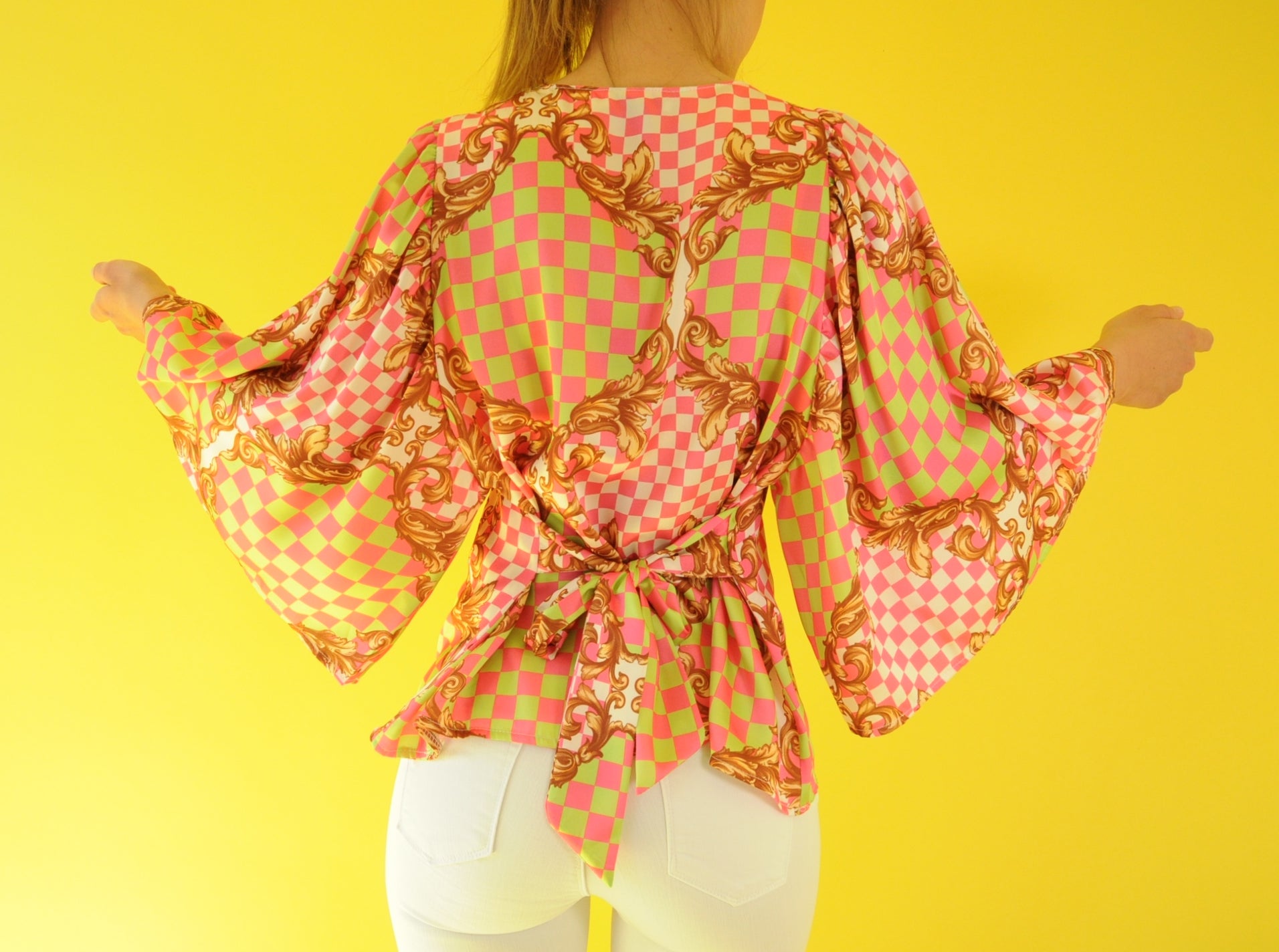 Pink & Green barocco print satin batwing blouse