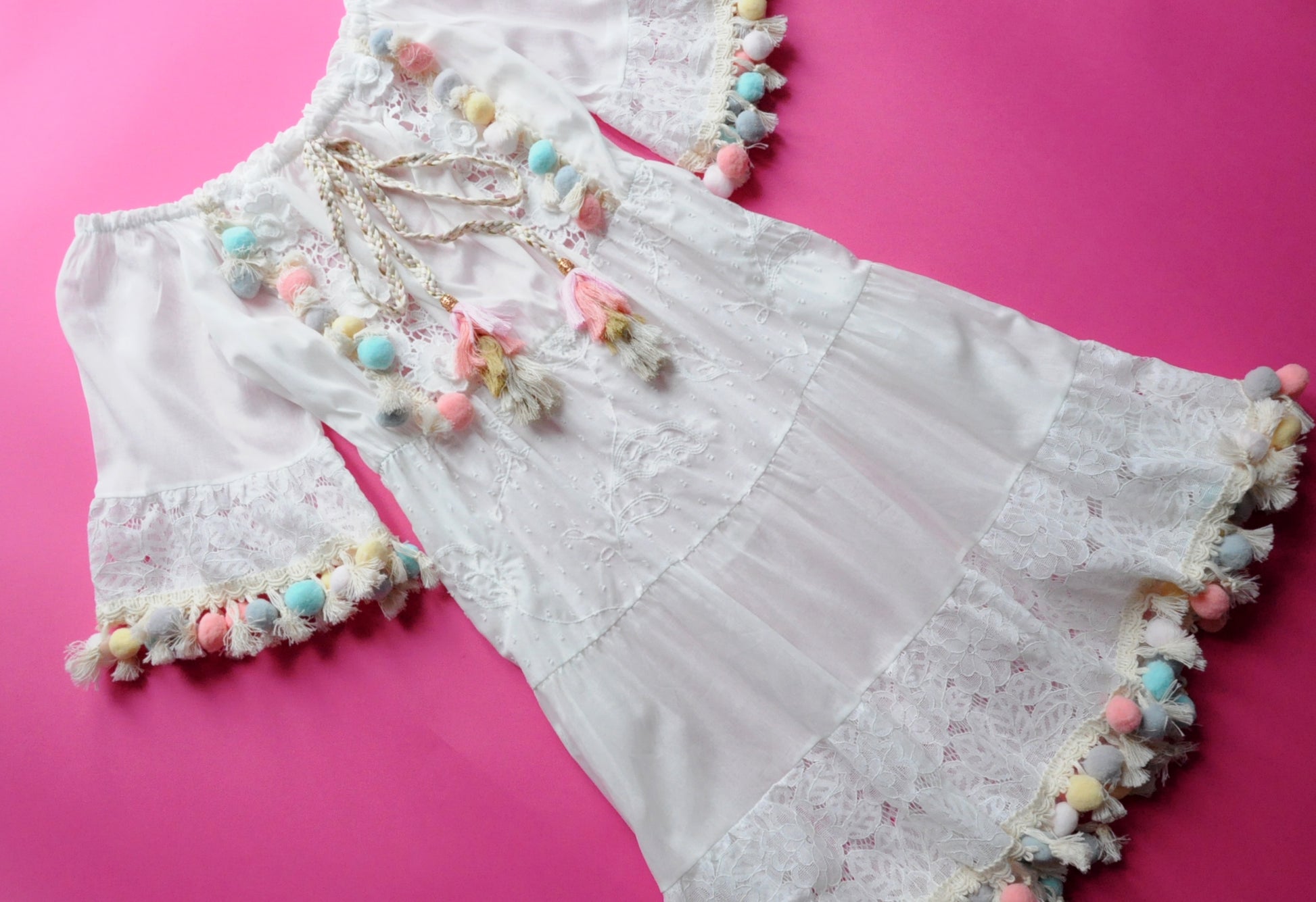 White lace and crochet tassel holiday dress