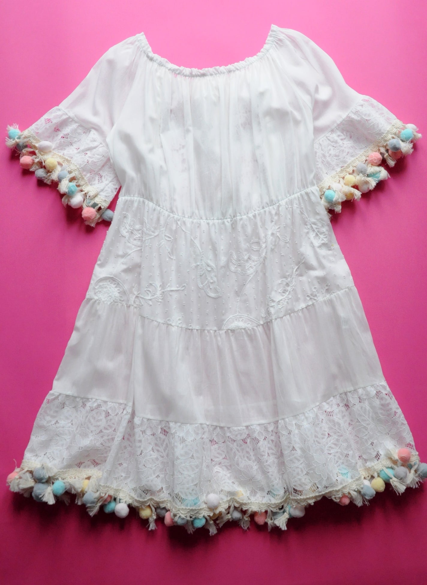 White lace and crochet tassel holiday dress