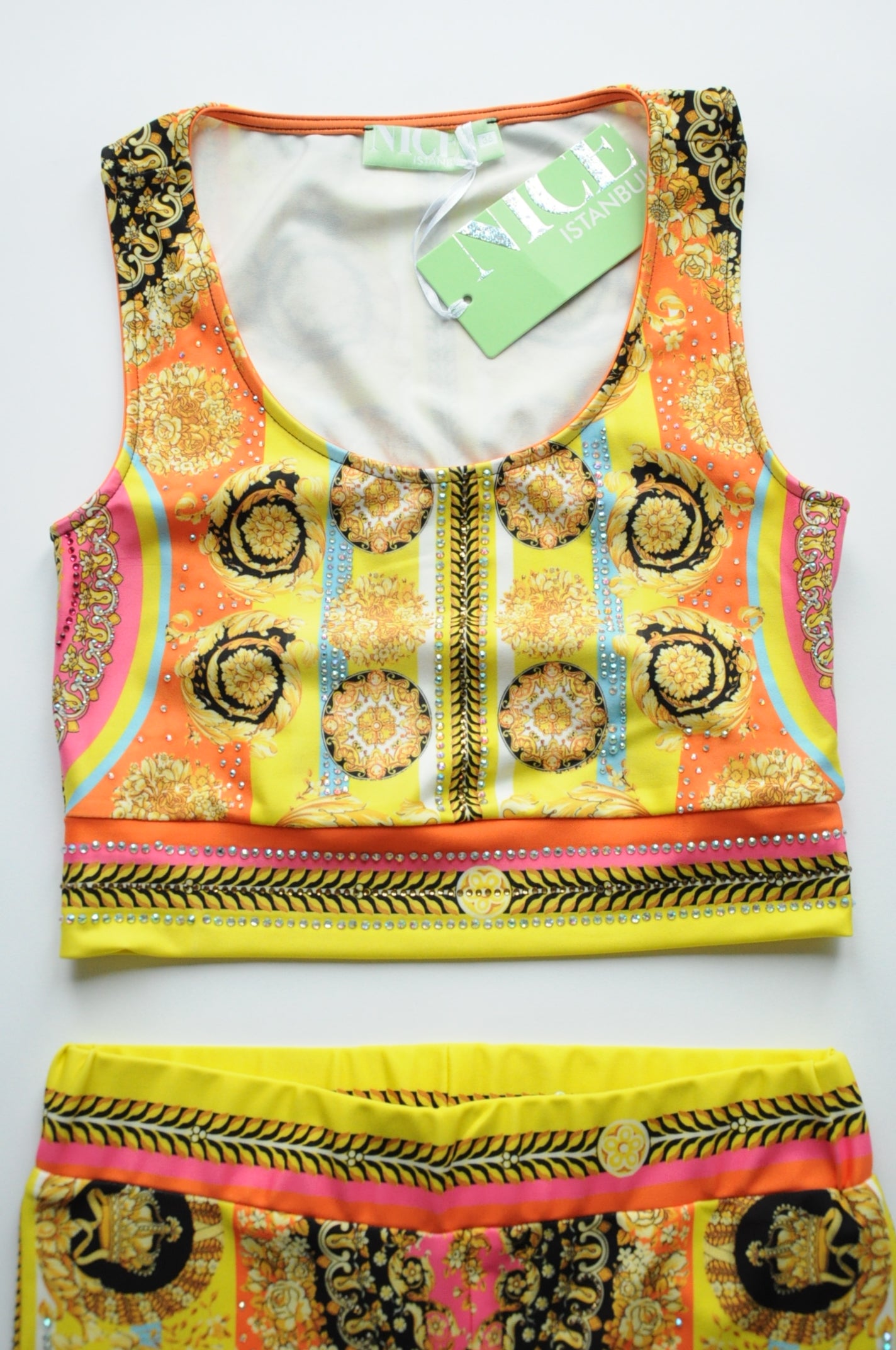 Crystal embellished graphic-print bra top