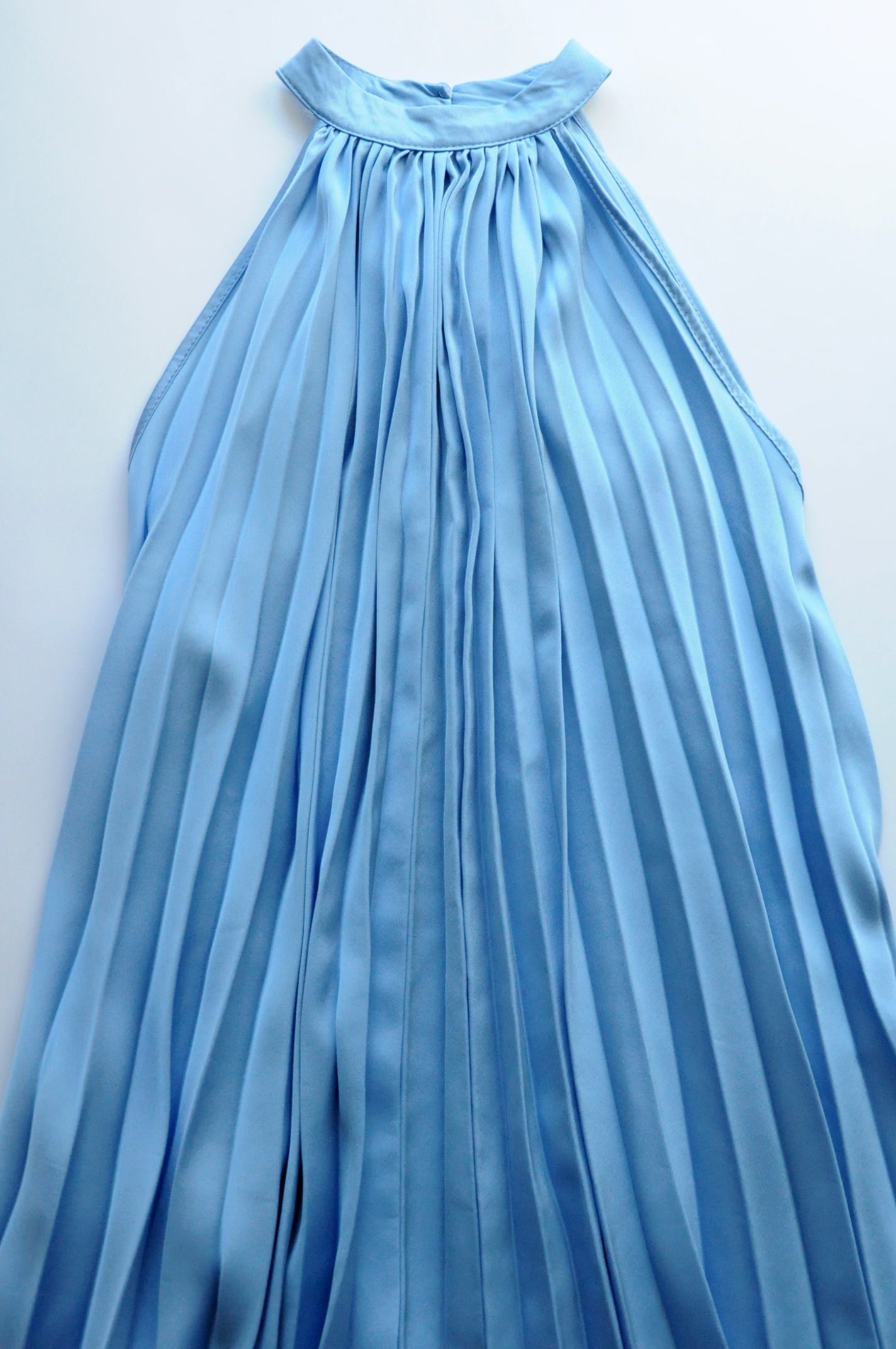 Sky blue pleated satin swing dress