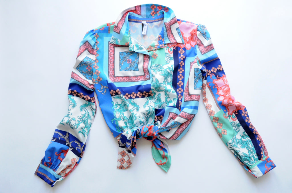 Graphic-print barocco multi-panel blue shirt