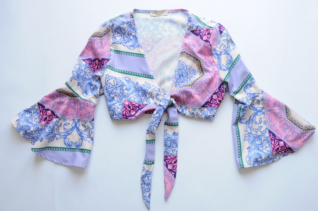 Graphic-print barocco multi-panel cropped tie top